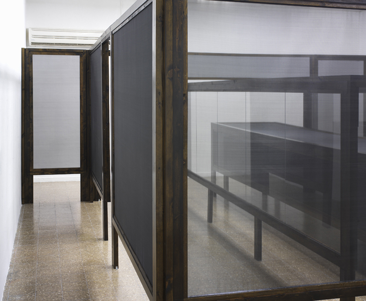 Untitled, 2011, variable size, wood, window screens, glass